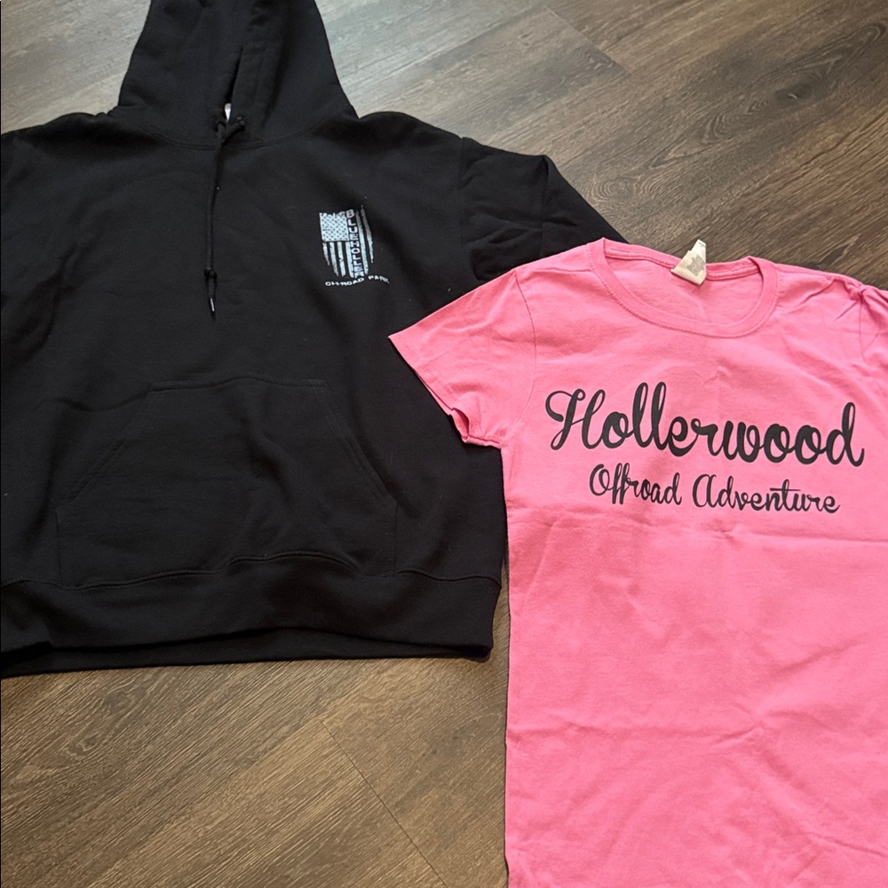 BullHoller off rod park black hoodie & Hollerwood off-road adventure pink tee